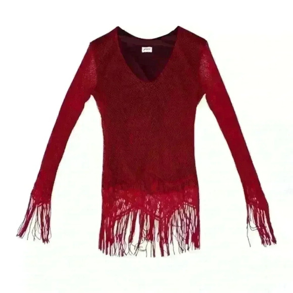 Jacques Womens Red Knit Lace Long Sleeve Fringe Top - Picture 1 of 7